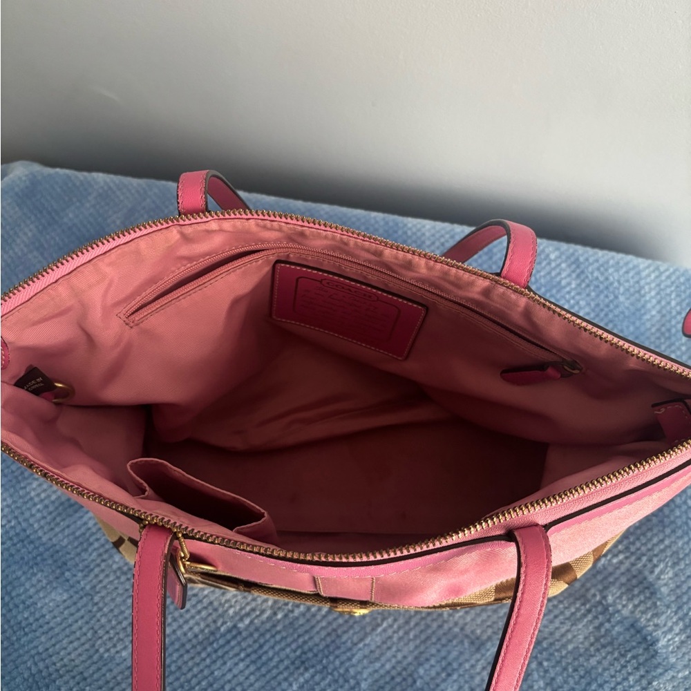 Coach Brown Signature Canvas Tote with Pink Trim - Picture 6 of 7